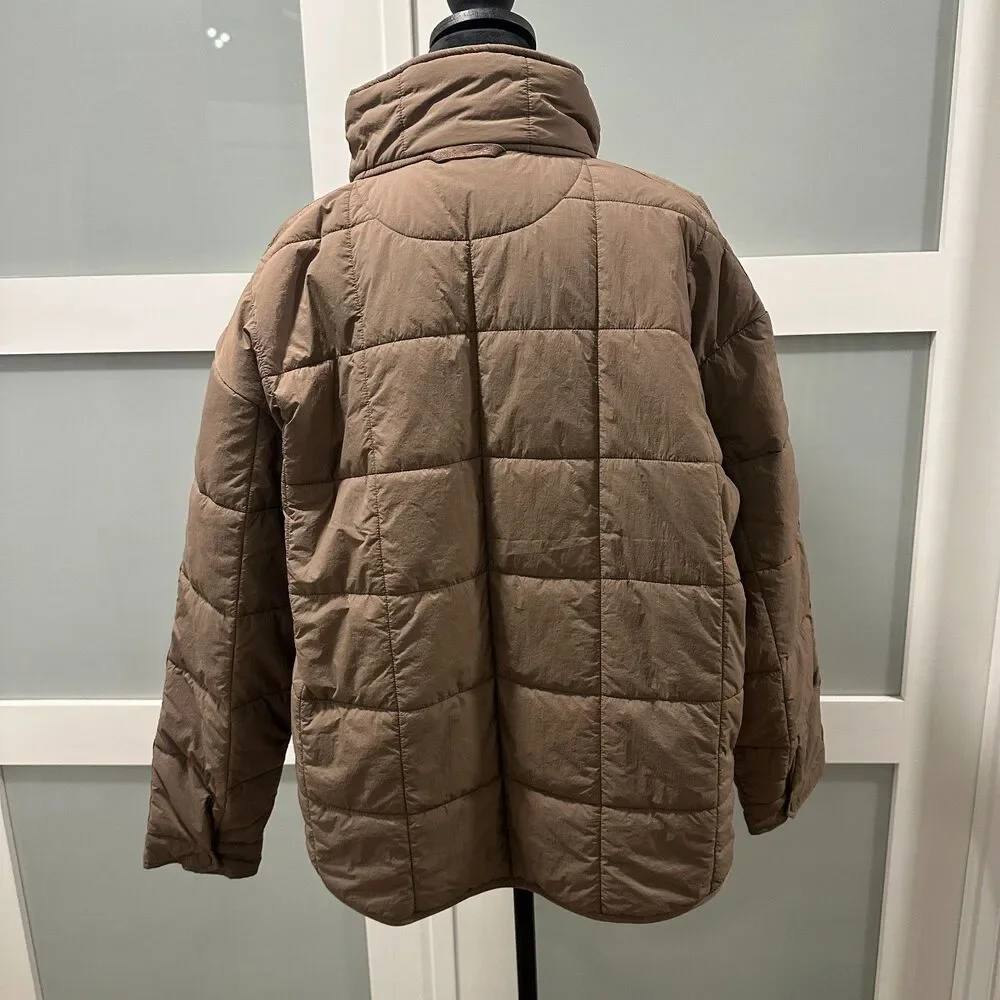 Roxy Quilted Puffer Jacket Brown Warm Mock Neck Full Zip Boxy Size Medium M